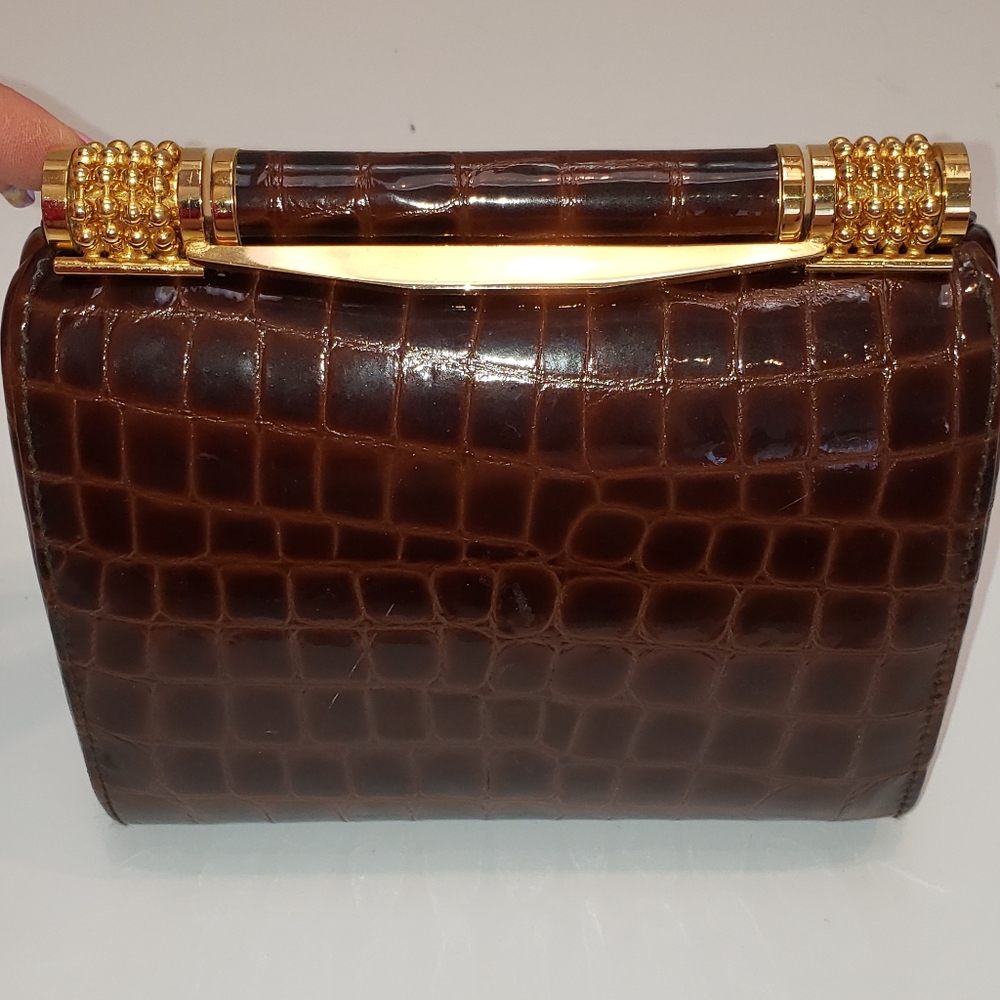 Brown w gold croc evening bag
